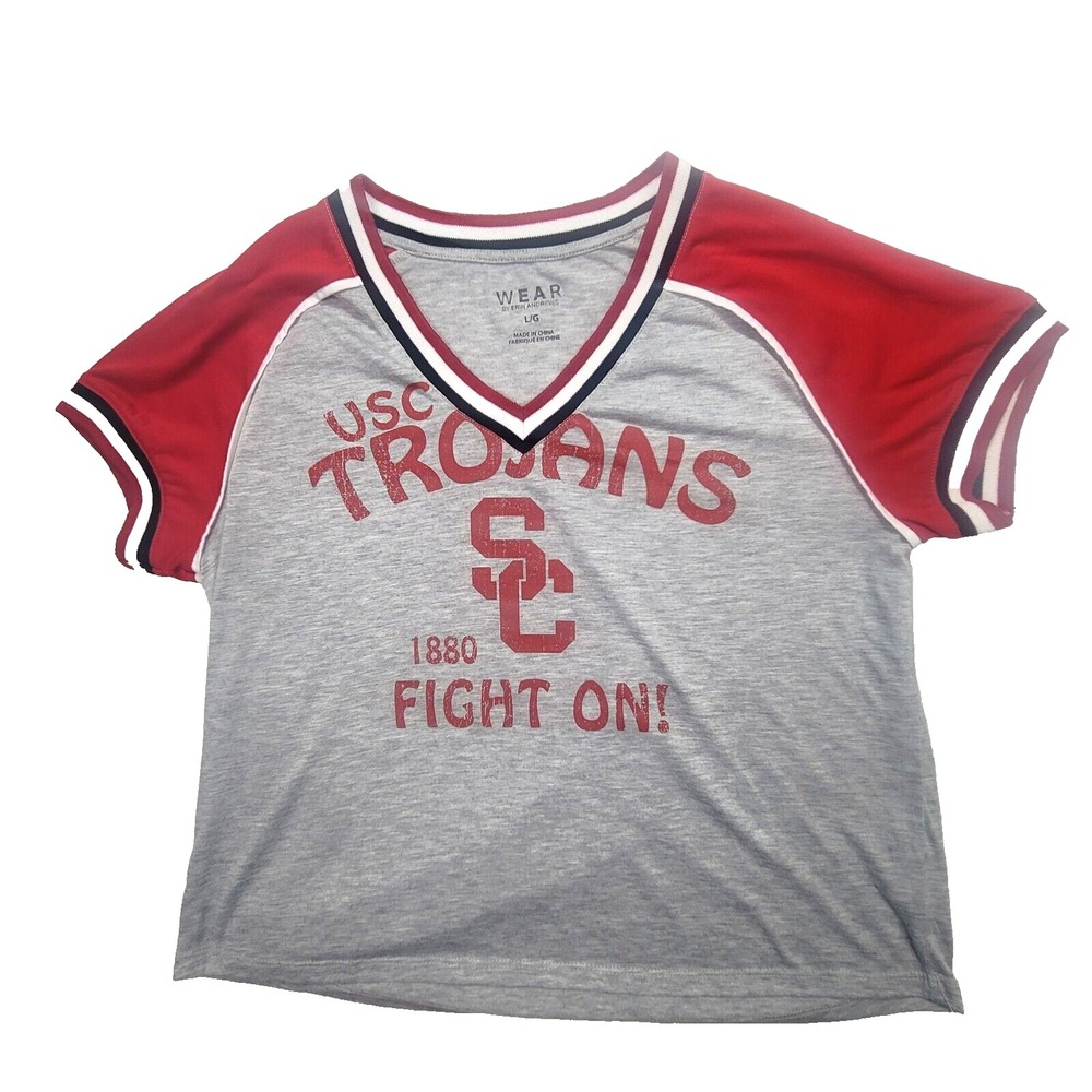 USC‎ Trojans Women's V-Neck T-Shirt L/G Gray Red Fight On! Erin Andrews Wear